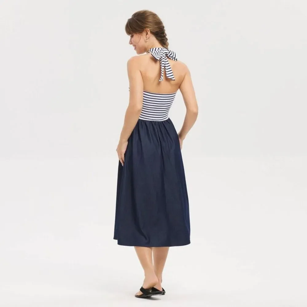 Universal Thread - Women's Mixed Fabric Tie-Back Midi Dress - Univers Navy Blue - Picture 2 of 3